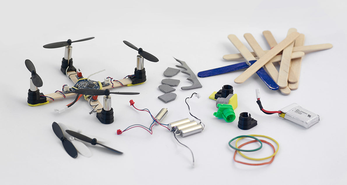 Kolibri skolesett/makerspace pakke: 12 dronebyggesett med kamera ekstra batterier, for laserkutter / 3d-printer